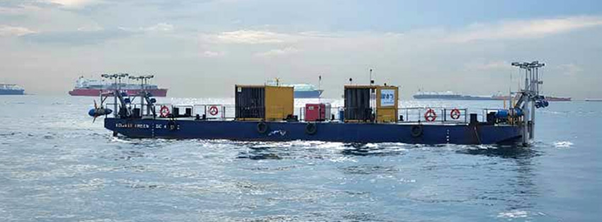 Blue energy demonstrated with Aanderaa on a floating barge with turbines installed at both ends for generating electricity