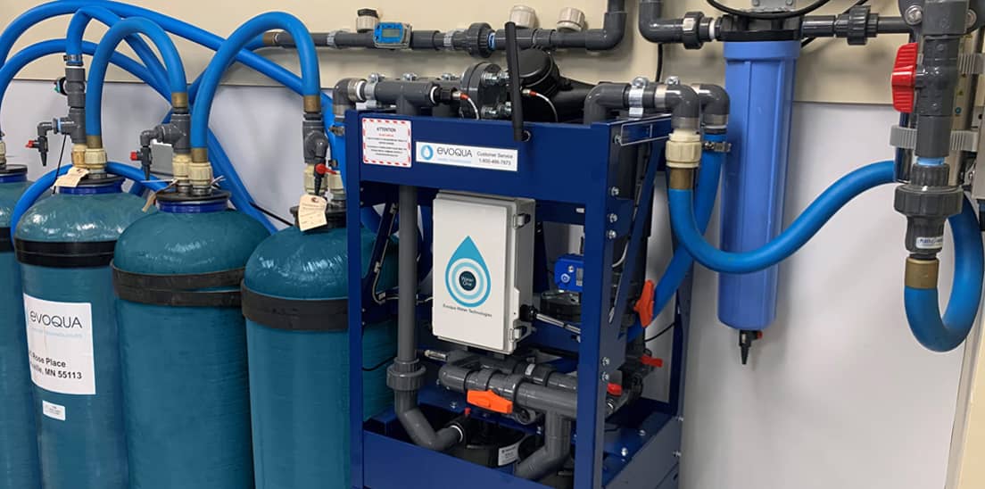 Evoqua's 3.6 cubic foot tanks connected to an advanced control panel with digital monitoring capabilities