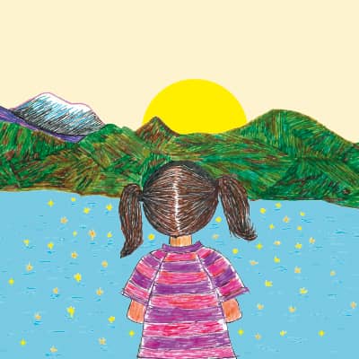 Drawing of a young girl looking at a sunrise near a lake
